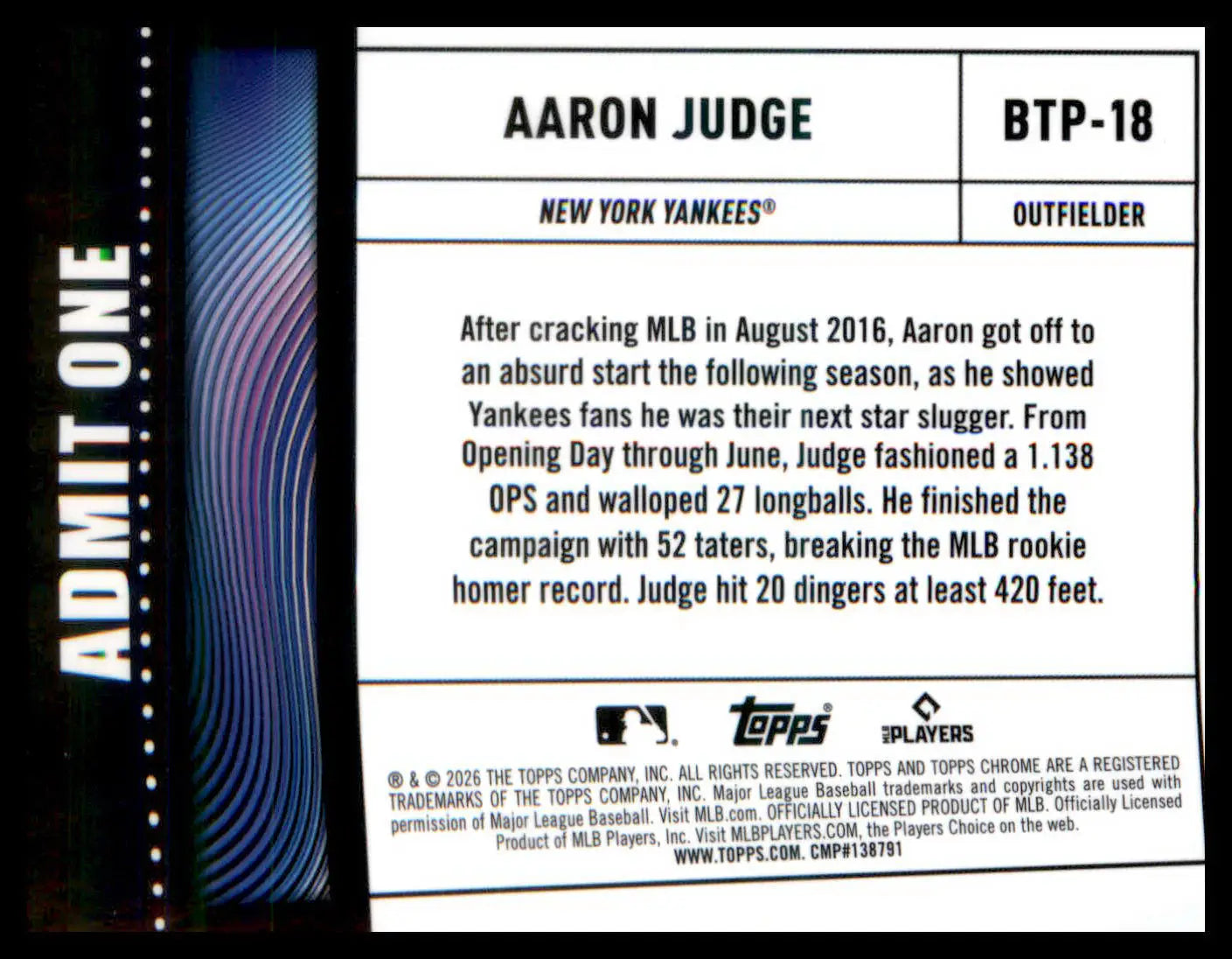 2026 Topps Chrome Big Ticket Players #BTP-18 Aaron Judge - Baseball Card Single