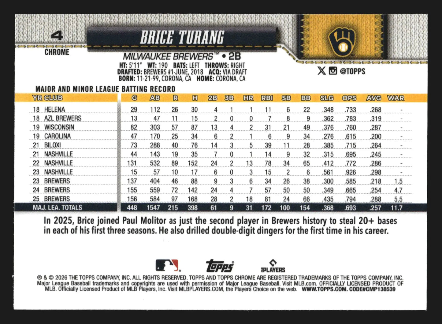 2026 Topps Chrome Brice Turang X-Fractor #4 Milwaukee Brewers - Baseball Card Single
