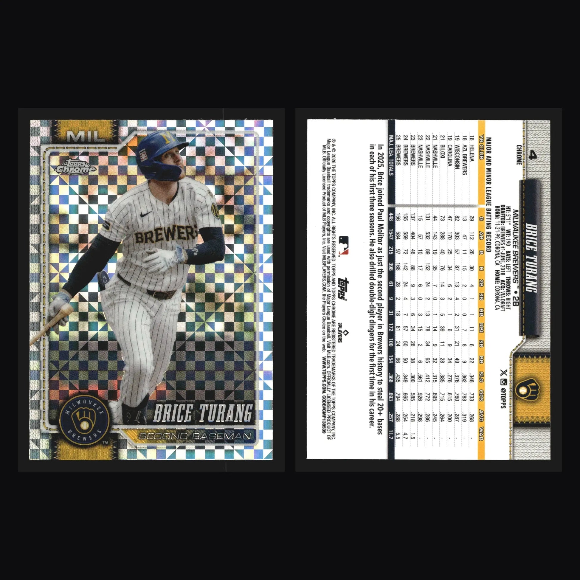 2026 Topps Chrome Brice Turang X-Fractor #4 Milwaukee Brewers - Baseball Card Single