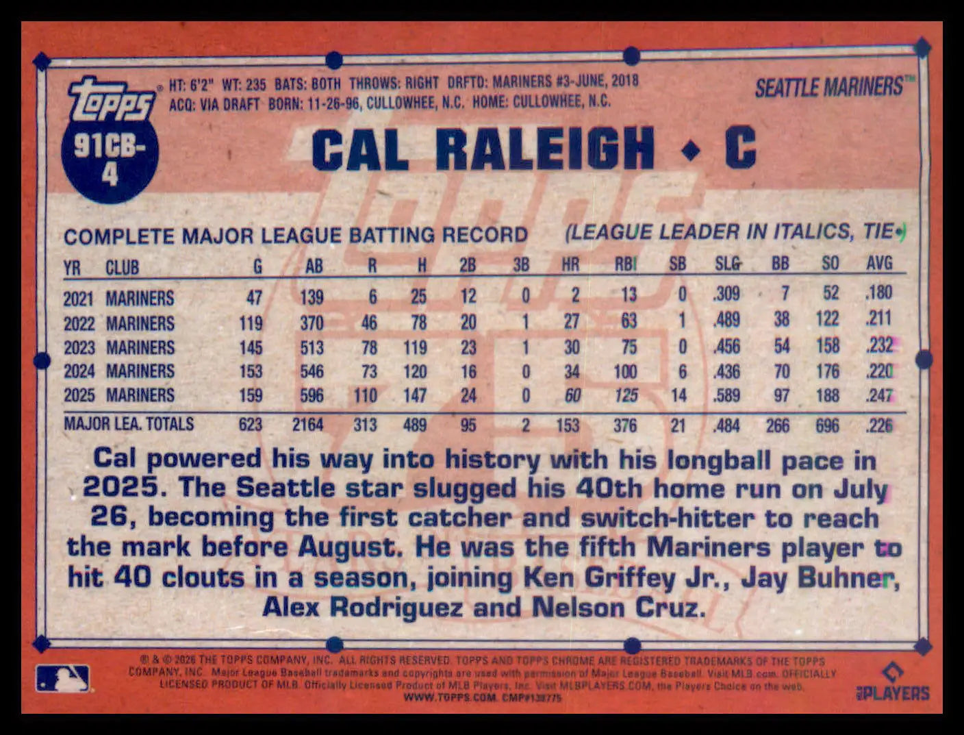 2026 Topps Chrome Cal Raleigh 35th Anniversary 1991 Refractor Seattle Mariners - Baseball Card Single