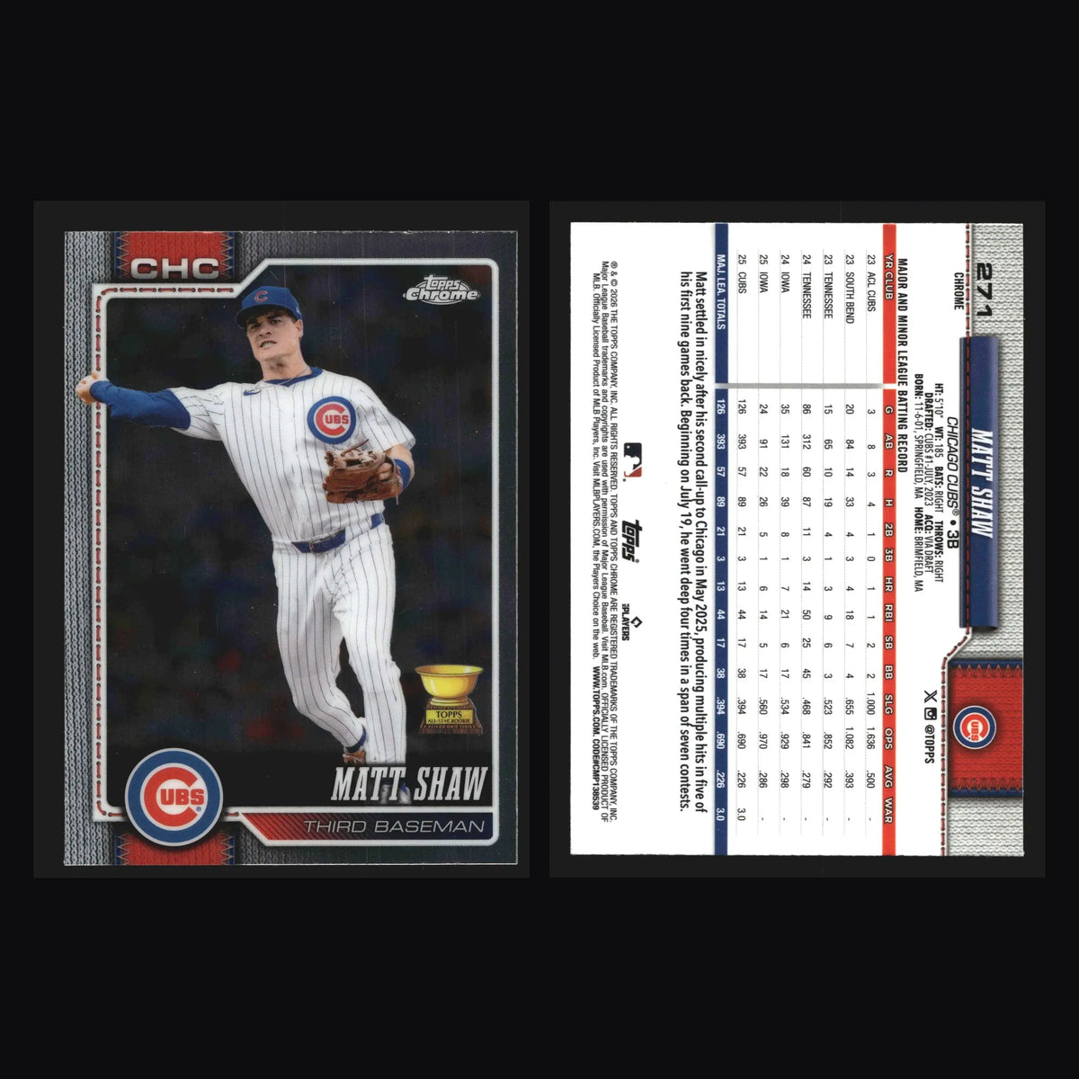 2026 Topps Chrome Matt Shaw #271 All-Star Rookie Cup Chicago Cubs - Baseball Card Single