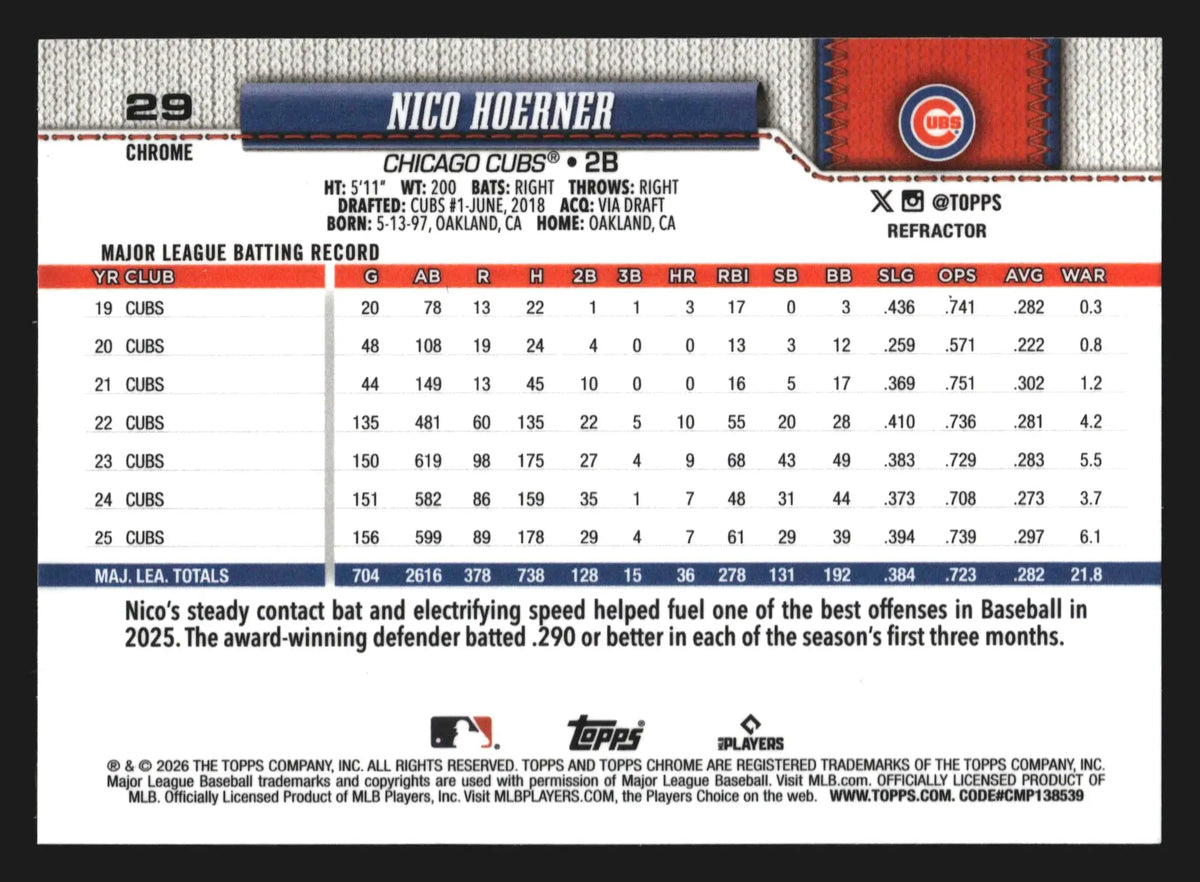 2026 Topps Chrome Nico Hoerner #29 Refractor Chicago Cubs - Baseball Card Single