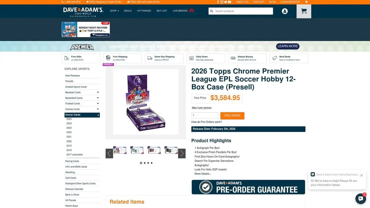 2026 Topps Chrome Premier League EPL soccer football box cards hobby 12-box case