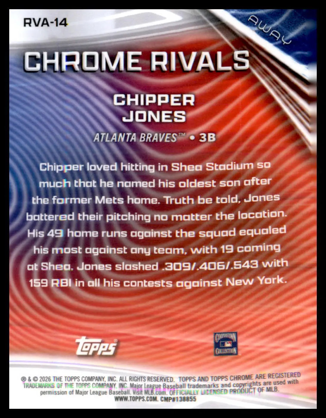 2026 Topps Chrome Chrome Rivals Away #RVA-14 Chipper Jones - Baseball Card Single