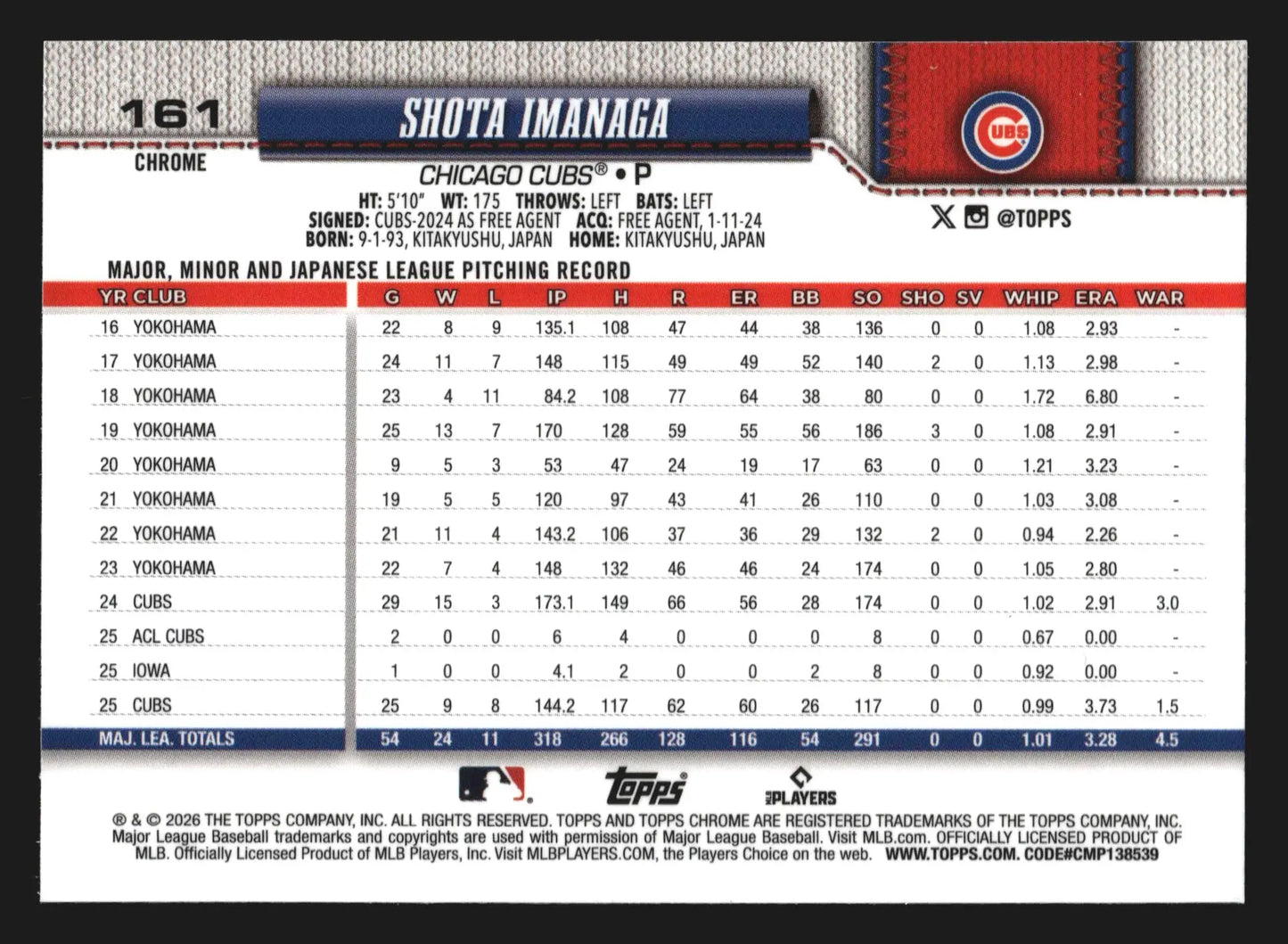 2026 Topps Chrome Shota Imanaga #161 Chicago Cubs - Baseball Card Single