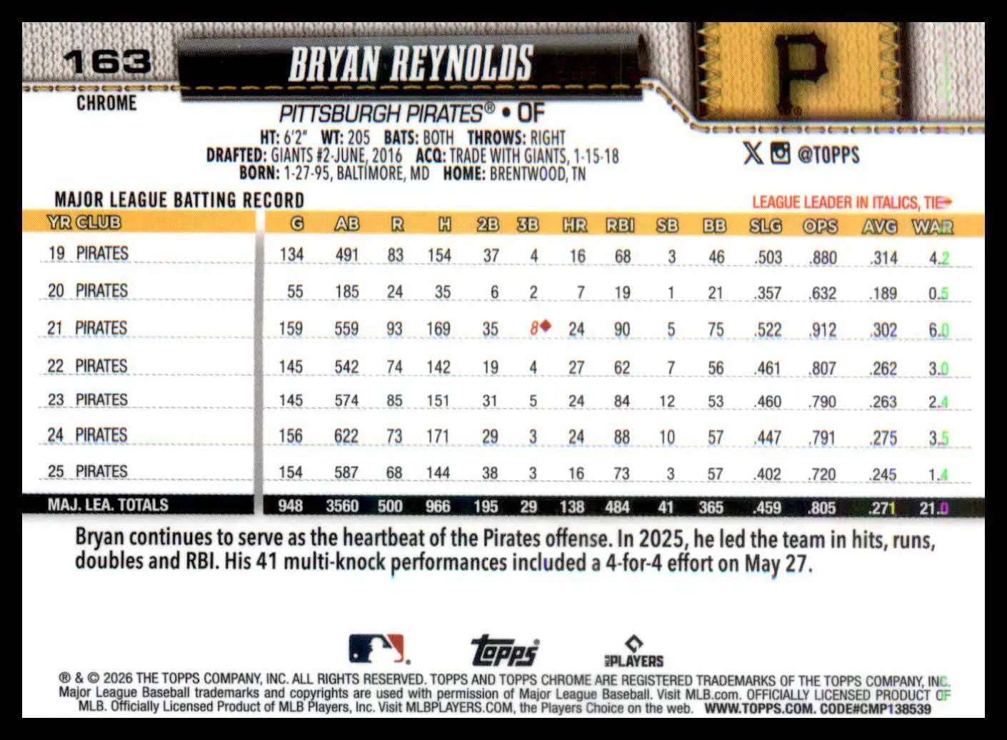 2026 Topps Chrome X-Fractors #163 Bryan Reynolds - Baseball Card Single