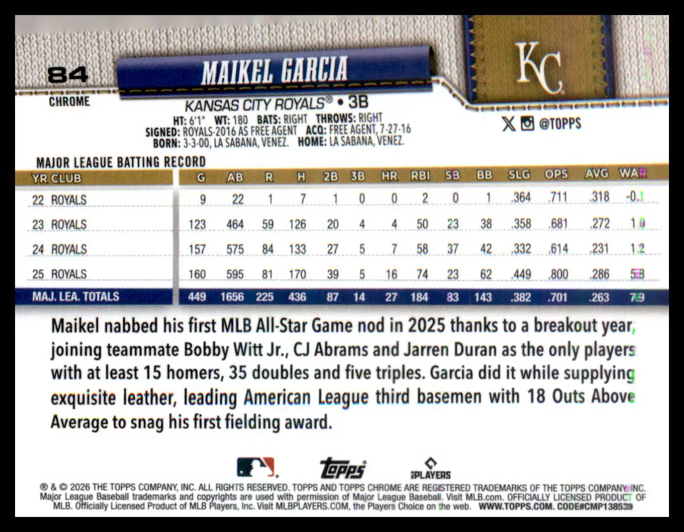 2026 Topps Chrome X-Fractors #84 Maikel Garcia - Baseball Card Single