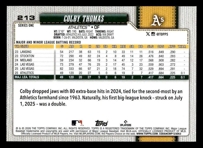 2026 Topps Colby Thomas #213 RC Athletics