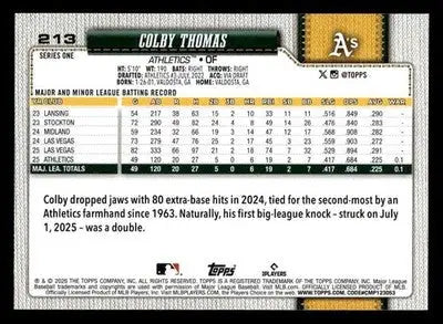 2026 Topps Colby Thomas #213 RC Athletics - Baseball Card Single