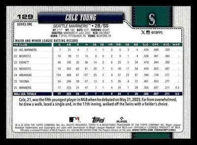 2026 Topps Cole Young #129 RC Seattle Mariners - Baseball Card Single