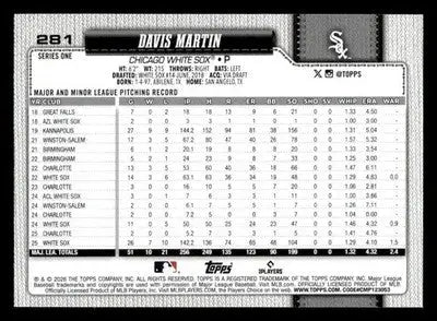 2026 Topps Davis Martin #281 Chicago White Sox - Baseball Card Single