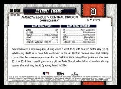 2026 Topps Detroit Tigers #262 Detroit Tigers - Baseball Card Single