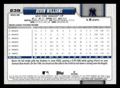 2026 Topps Devin Williams #239 New York Yankees - Baseball Card Single