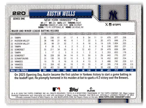 2026 Topps Diamante Foil #220 Austin Wells NM-MT Yankees ID:81704 - Baseball Card Single