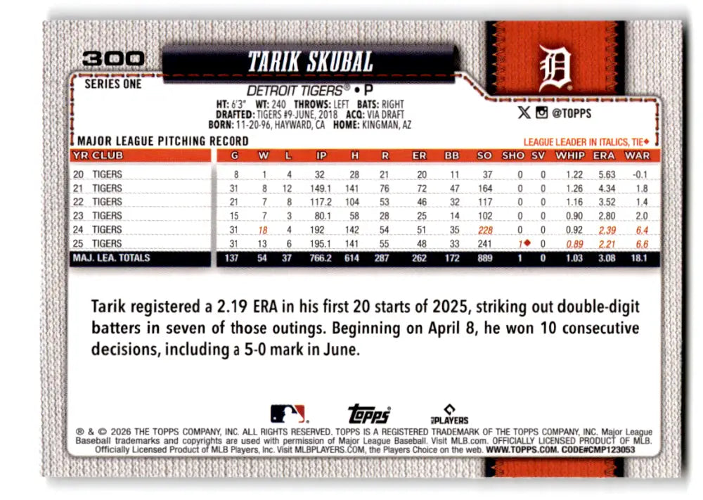 2026 Topps Diamante Foil #300 Tarik Skubal NM-MT Tigers ID:81706 - Baseball Card Single