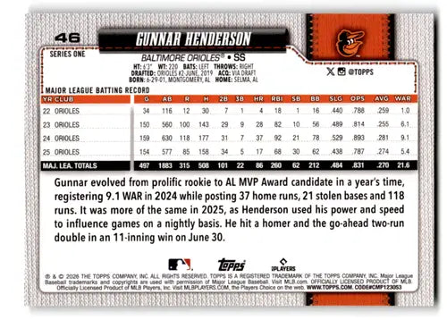 2026 Topps Diamante Foil #46 Gunnar Henderson NM-MT Orioles ID:81702 - Baseball Card Single