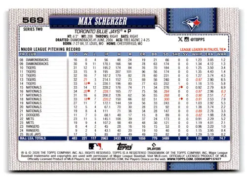 2026 Topps Diamante Foil #569 Max Scherzer NM Near Mint Blue Jays ID:83247