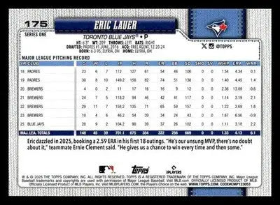 2026 Topps Eric Lauer #175 Toronto Blue Jays - Baseball Card Single