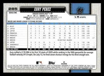 2026 Topps Eury Pérez #285 Miami Marlins - Baseball Card Single