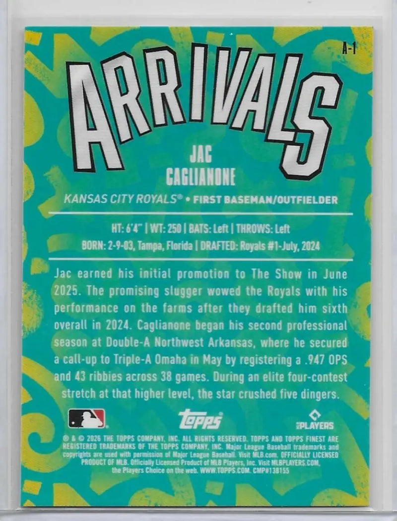 2026 Topps Finest Jac Cagianone Arrivals RC #A-1 Royals (1418) - Baseball Card Single