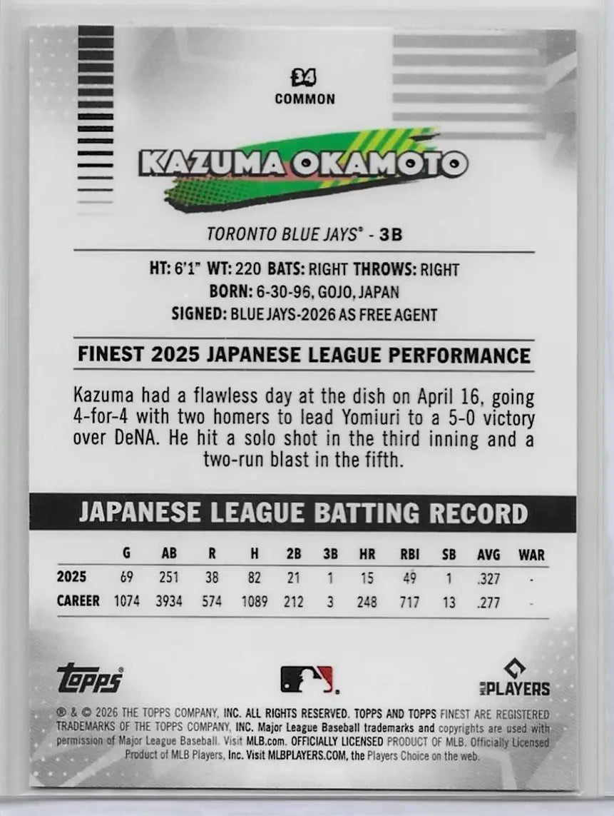 2026 Topps Finest Kazuma Okamoto RC #34 Base Toronto Blue Jays Rookie (1402)