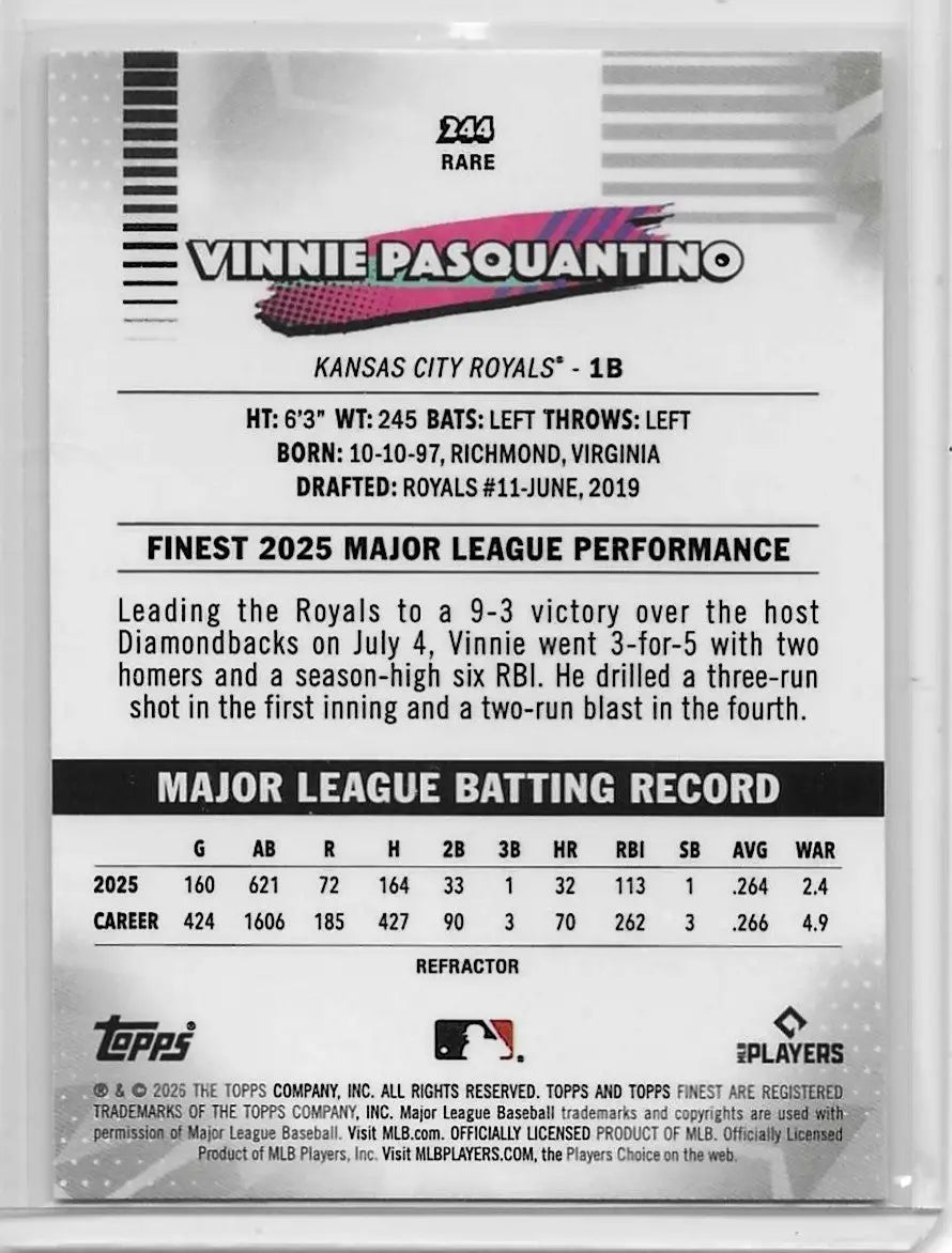2026 Topps Finest VINNIE PASQUANTINO KANSAS CITY ROYALS RARE Base #244 (1448) - Baseball Card Single