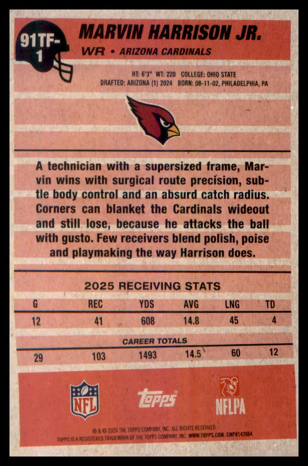 2026 Topps Flagship 1991 Topps Flagship Football #91TF-1 Marvin Harrison Jr. - Football Card Single