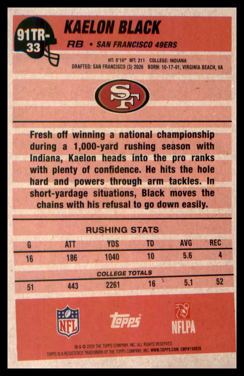 2026 Topps Flagship 1991 Topps Flagship Football Rookies #91TR-33 Kaelon Black - Football Card Single