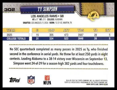 2026 Topps Flagship #302 Ty Simpson RC RC