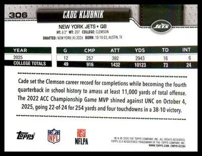 2026 Topps Flagship #306 Cade Klubnik RC RC