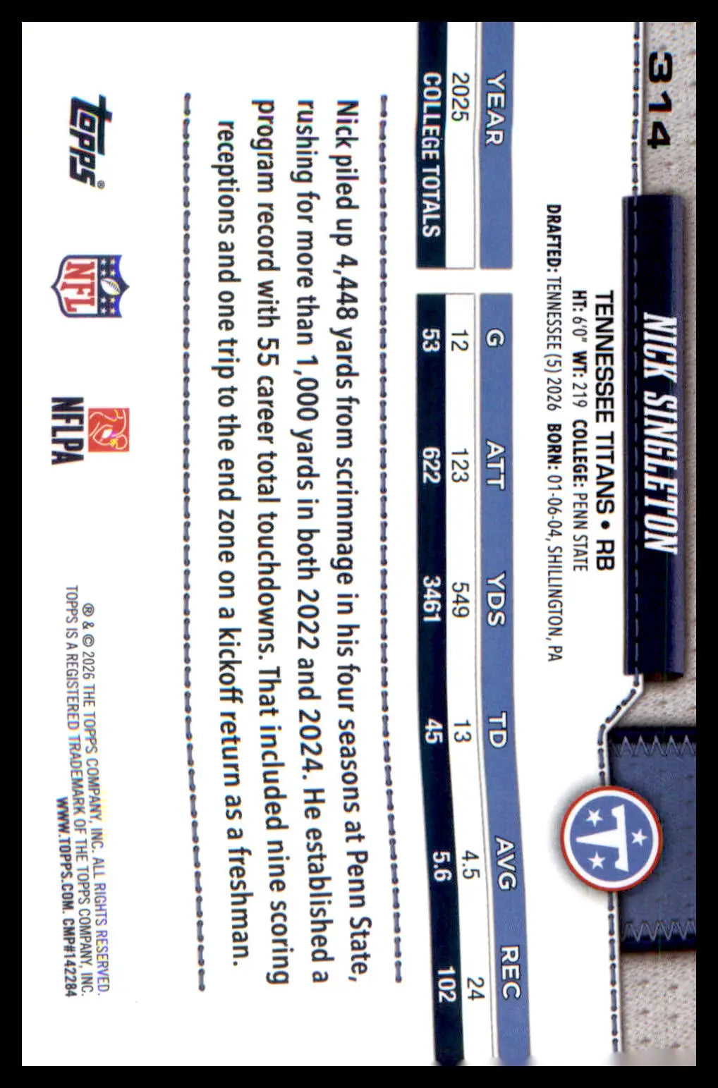 2026 Topps Flagship #314 Nick Singleton - Football Card Single