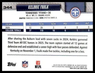 2026 Topps Flagship #344 Keldric Faulk RC RC - Football Card Single