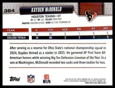 2026 Topps Flagship #364 Kayden McDonald RC RC - Football Card Single