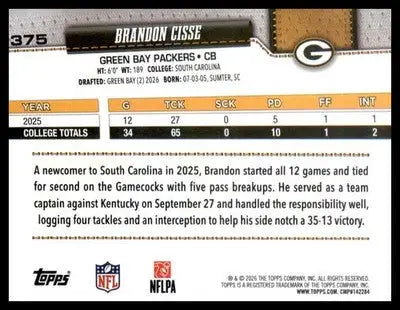2026 Topps Flagship #375 Brandon Cisse RC RC - Football Card Single