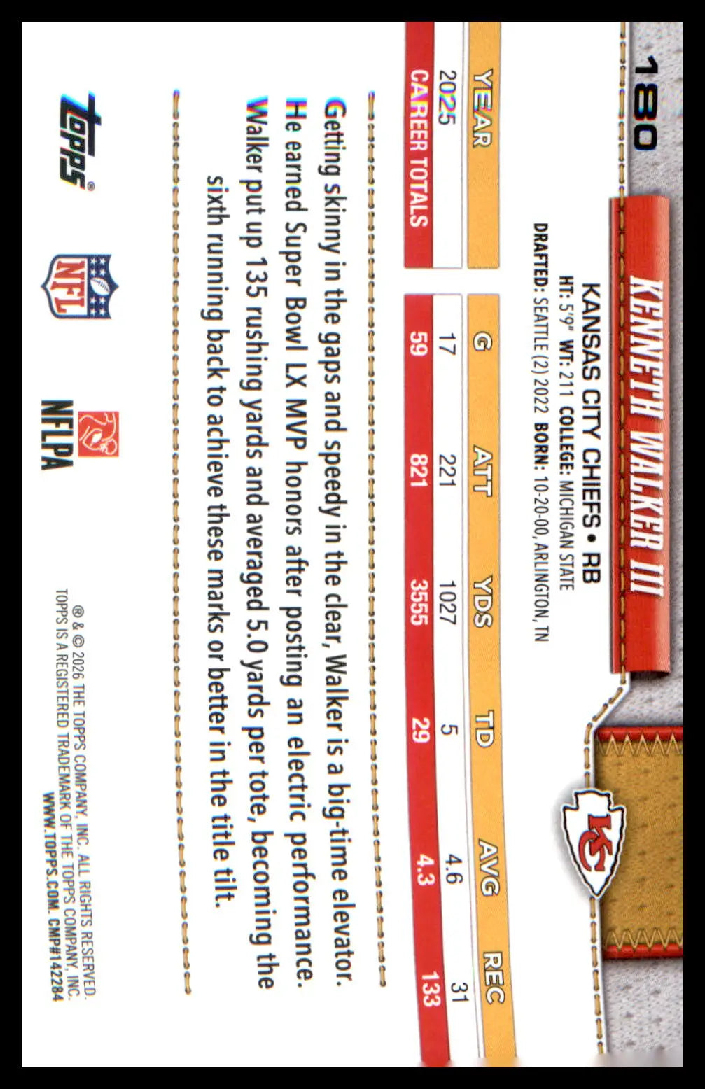 2026 Topps Flagship Football #180 Kenneth Walker III - Football Card Single