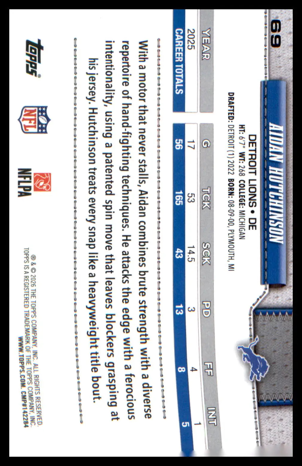 2026 Topps Flagship Football #69 Aidan Hutchinson - Football Card Single