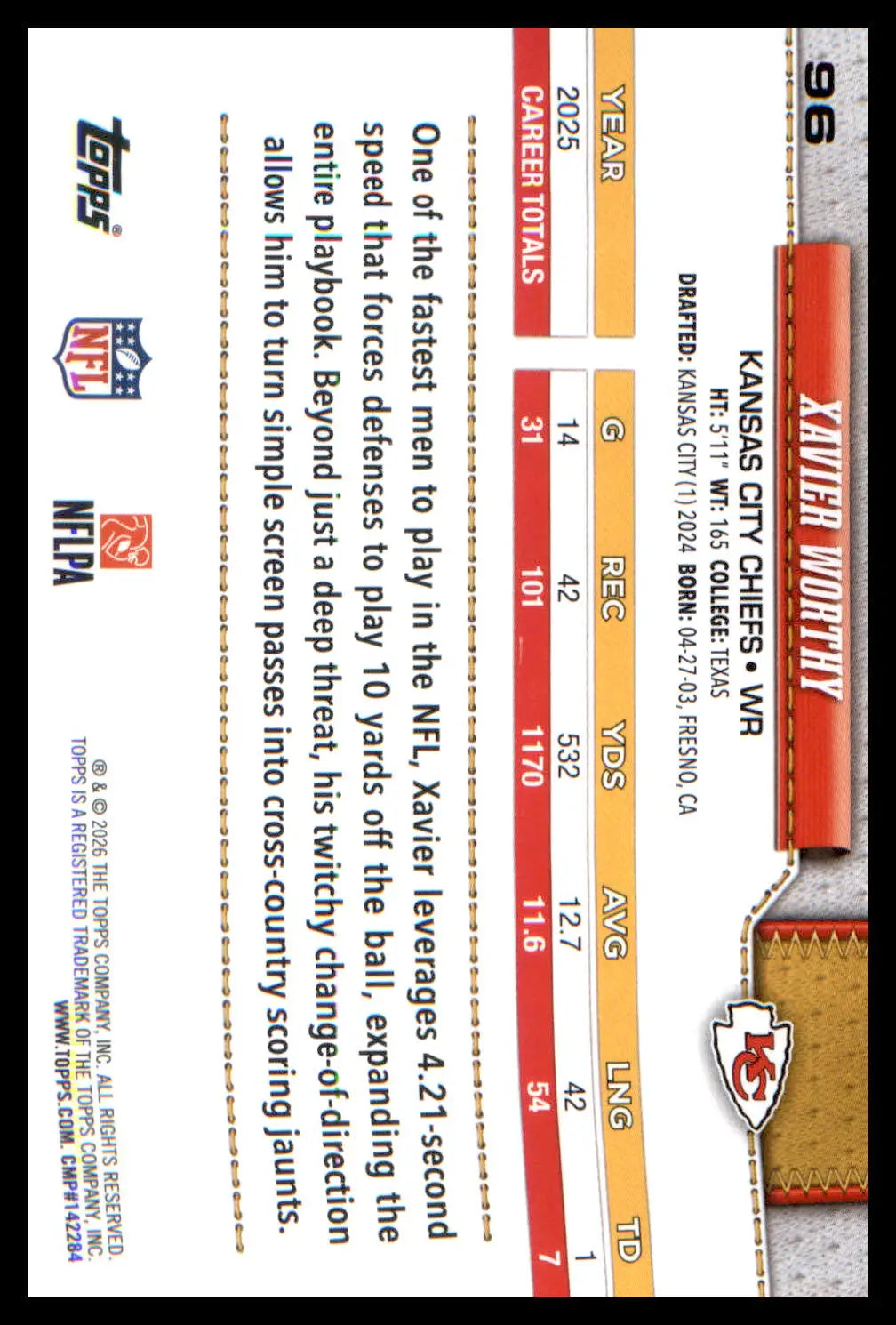 2026 Topps Flagship Football Base #96 Xavier Worthy