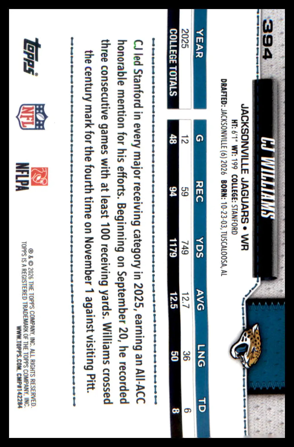 2026 Topps Flagship Football Football Border Rainbow Foil #394 CJ Williams - Football Card Single