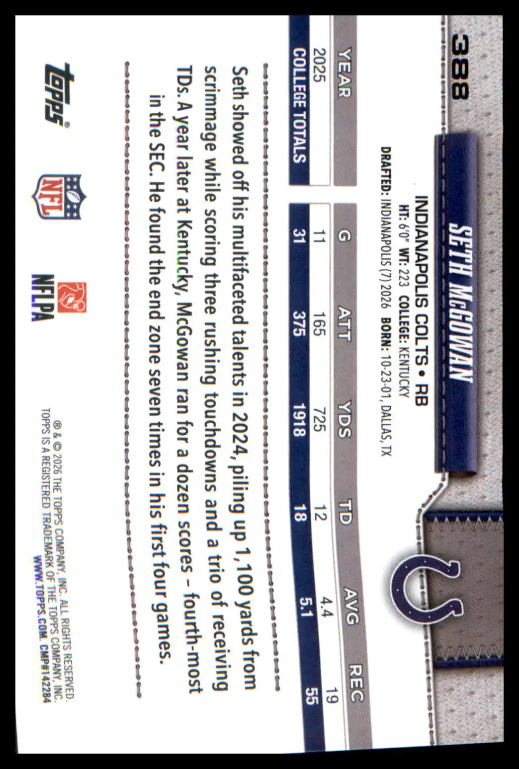 2026 Topps Flagship Football Rookie Card # Seth McGowan - Football Card Single