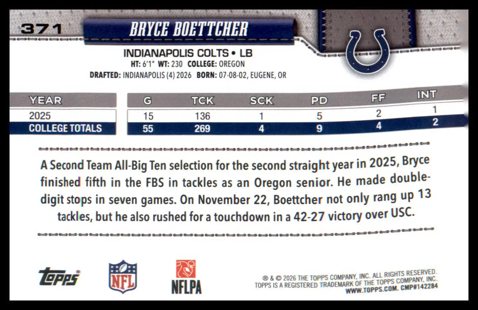 2026 Topps Flagship Football Rookies #371 Bryce Boettcher - Football Card Single