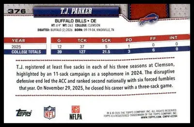 2026 Topps Flagship Football Rookies #376 T.J. Parker - Football Card Single
