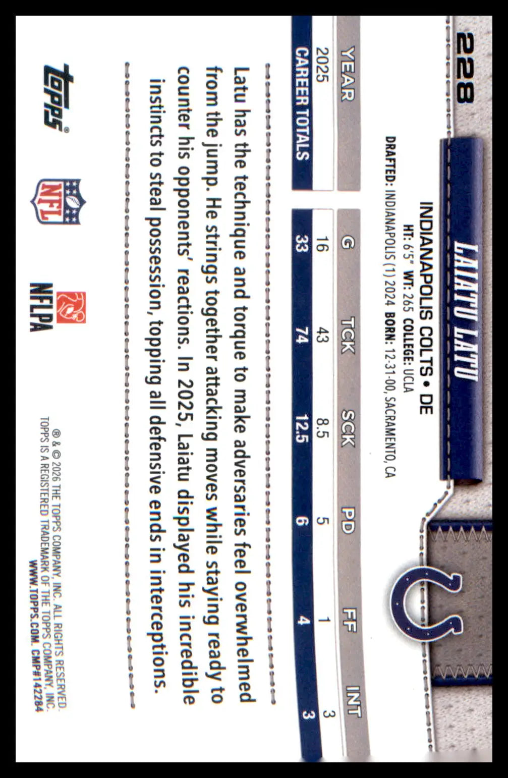 2026 Topps Flagship Rainbow Foil #228 Laiatu Latu - Football Card Single