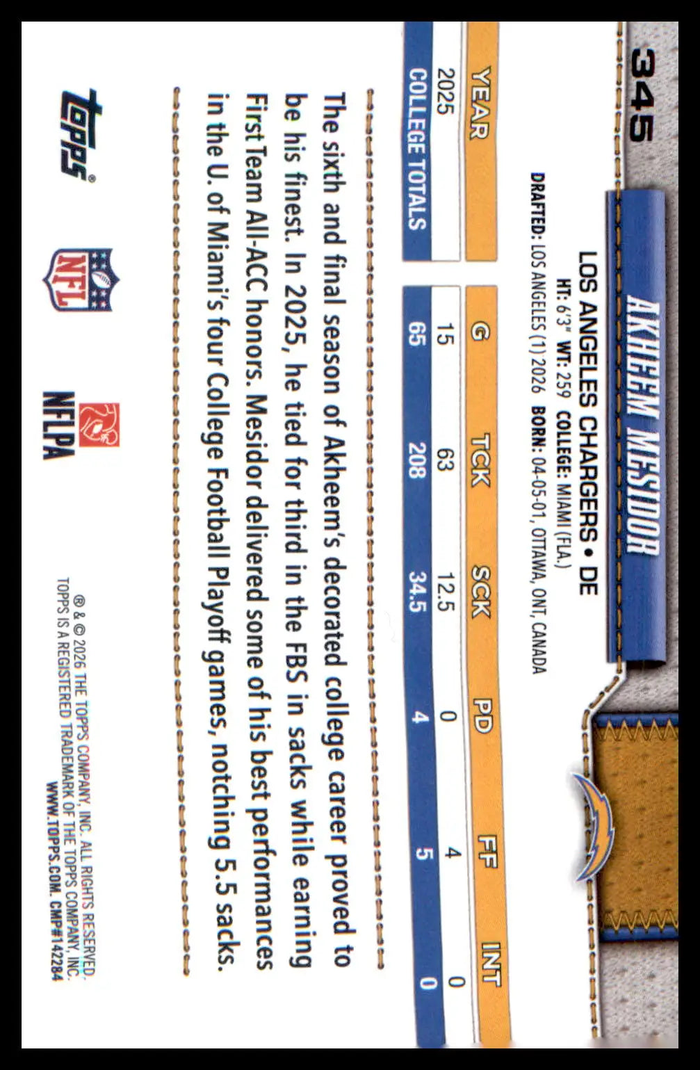 2026 Topps Flagship Rookie Card #345 Akheem Mesidor - Football Card Single