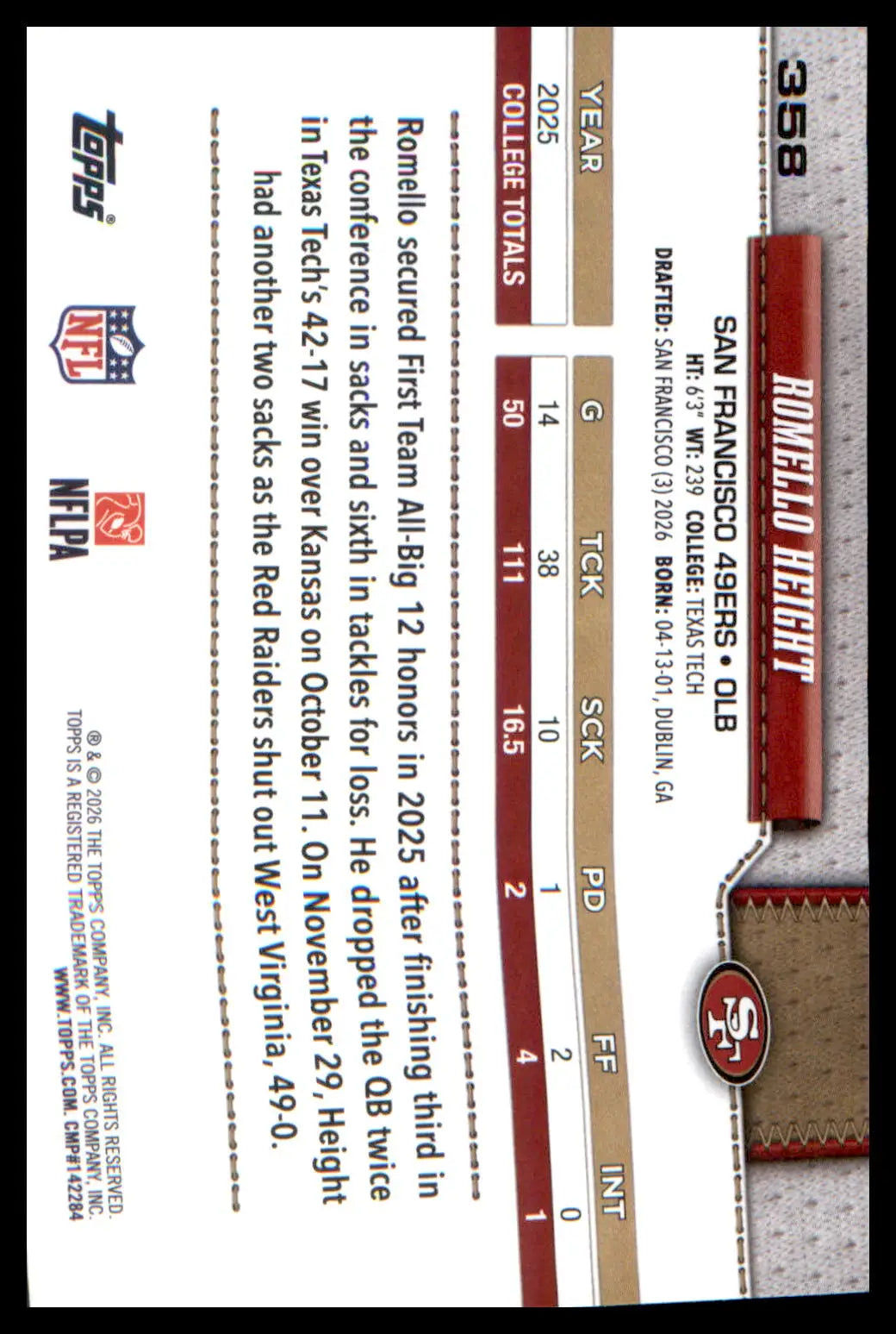 2026 Topps Flagship Rookie Card #358 Romello Height - Football Card Single
