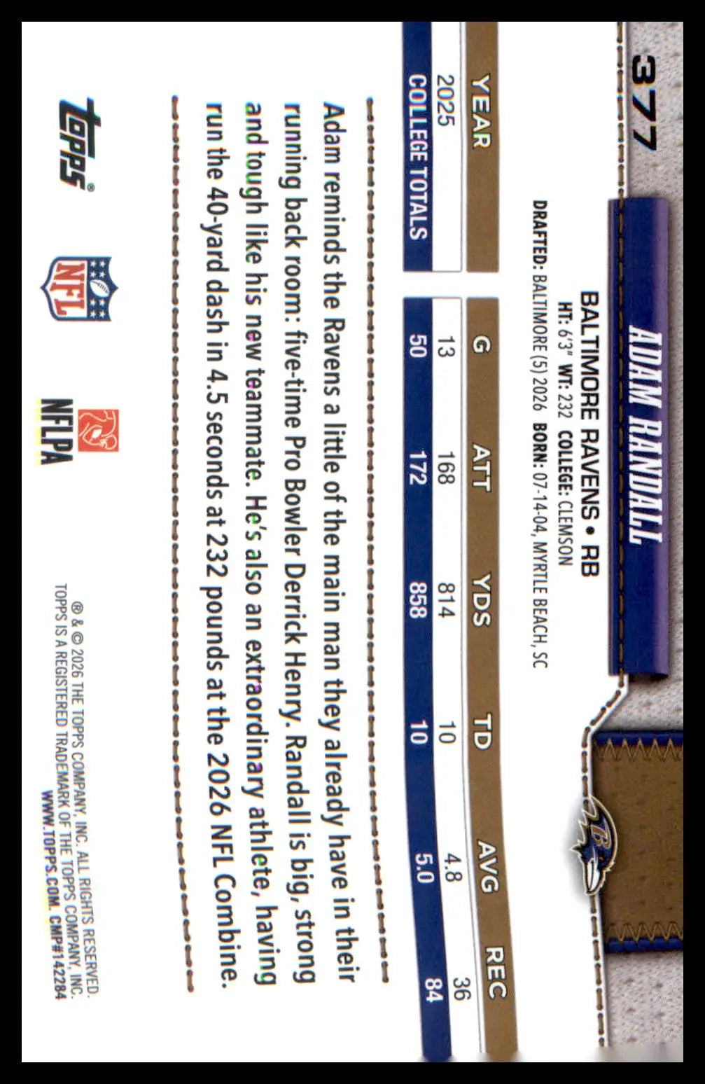 2026 Topps Flagship Rookie Card #377 Adam Randall - Football Card Single