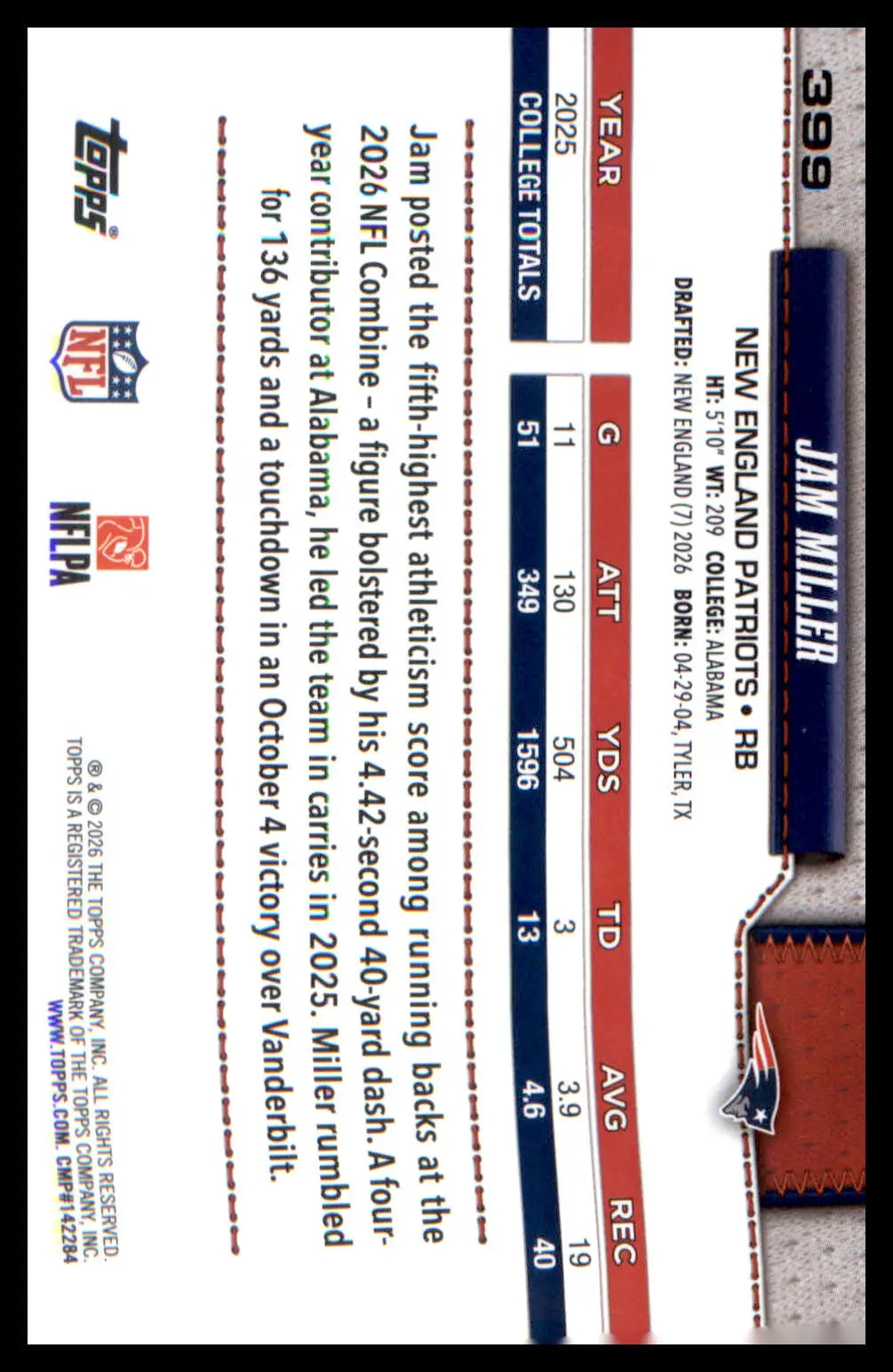 2026 Topps Flagship Rookie Card #399 Jam Miller - Football Card Single
