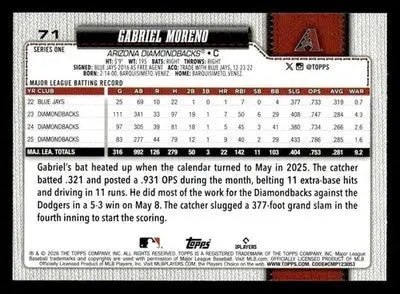 2026 Topps Gabriel Moreno #71 Arizona Diamondbacks - Baseball Card Single