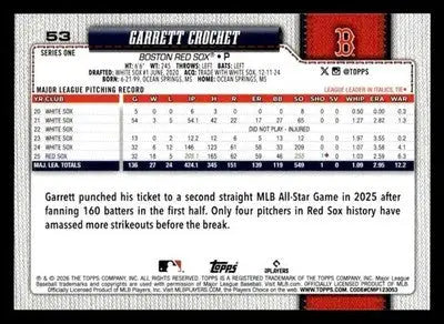 2026 Topps Garrett Crochet #53 Boston Red Sox - Baseball Card Single