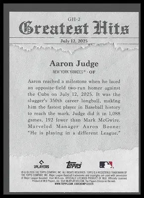 2026 Topps #GH-2 Aaron Judge 2025 Greatest Hits New York Yankees