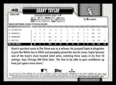 2026 Topps Grant Taylor #49 RC Chicago White Sox - Baseball Card Single